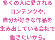 多くの人に愛されるコンテンツや、自分が好きな作品を生み出している会社で働きたいから。